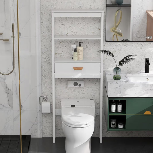 Over The Toilet Storage Cabinet with Drawer and 2 Shelves,Bathroom Space Saver Storage Rack,Toilet Shelf Organizer,White