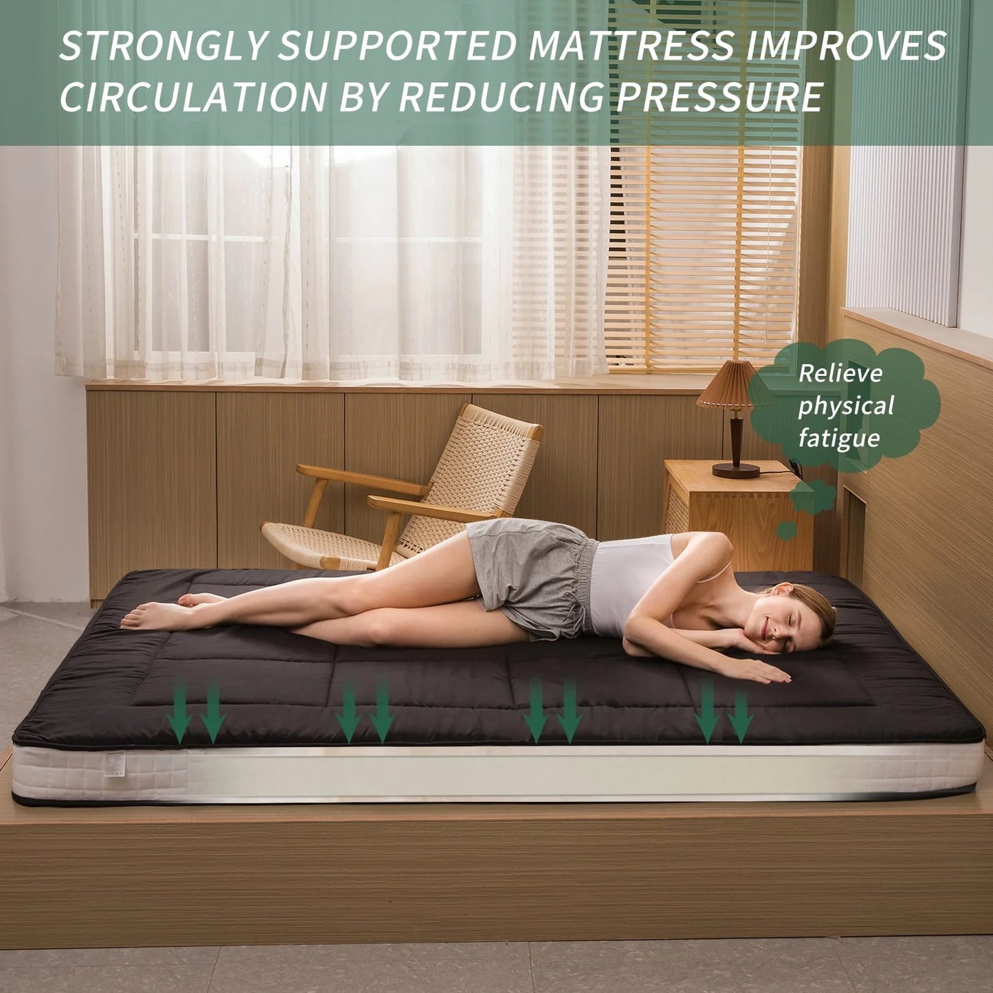 Mattress, Padded Japanese Floor Mattress Quilted Bed Mattress Topper, Extra Thick Folding Sleeping Pad, Black, Twin