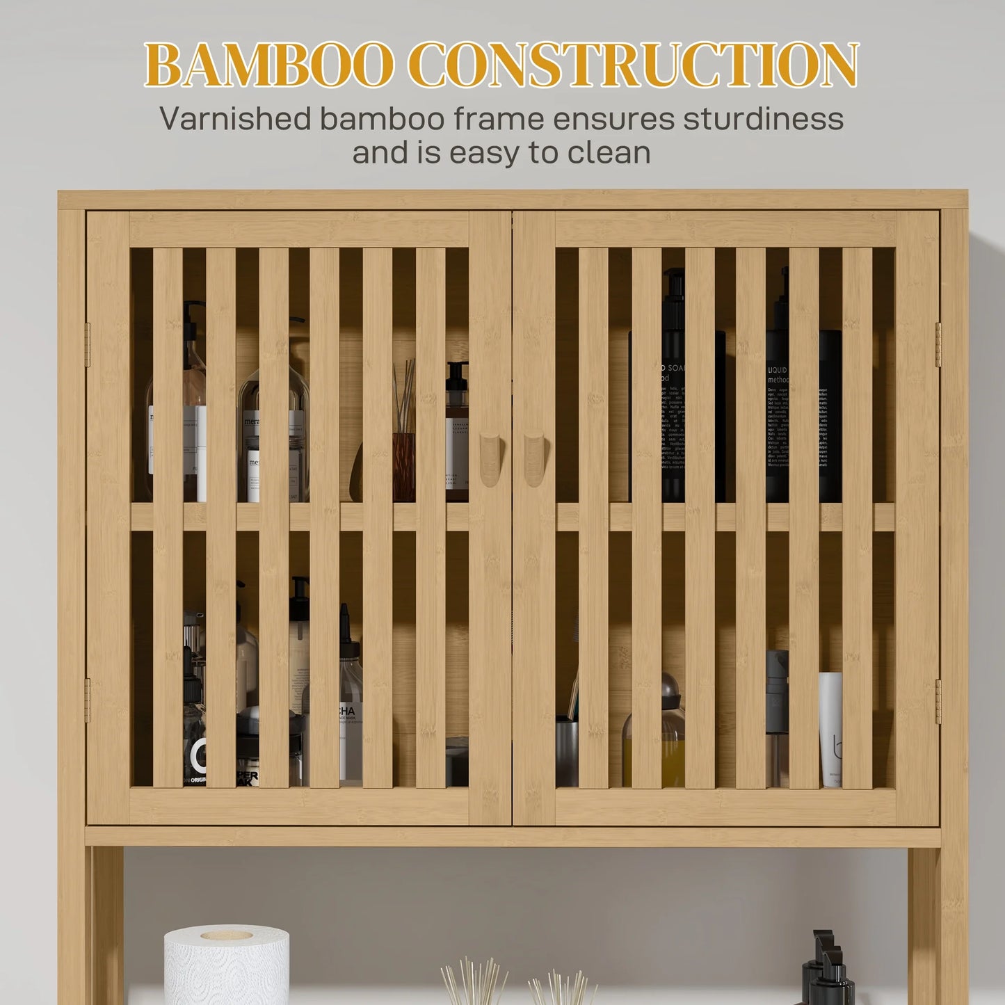 HOMCOM Bamboo Over the Toilet Storage Cabinet, Bathroom Space Saver Above Toilet with Double Slatted Doors, Adjustable Shelf and Open Shelf, Natural