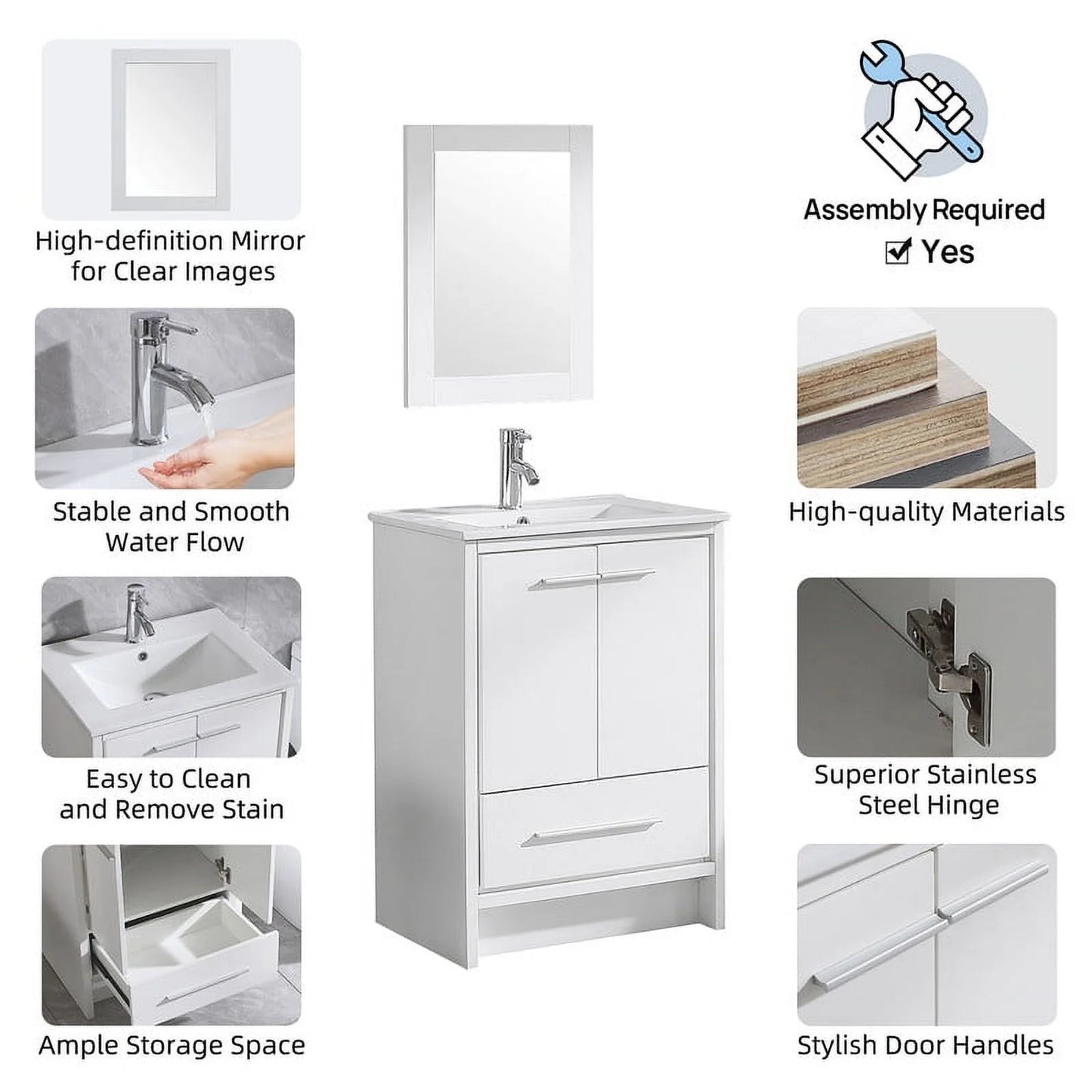 Walsport 24" Luxurious Bathroom Vanity with Ceramic Sink and Countertop and Mirror and Faucet,Double Door Stand Floor Cabinet Bathroom Storage Vanity with Pop Up Drain,White
