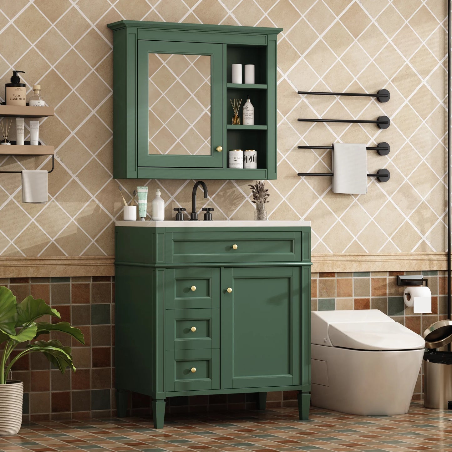 30'' Bathroom Vanity with Top Sink, Freestanding Vanity Set with Mirror Cabinet,Green