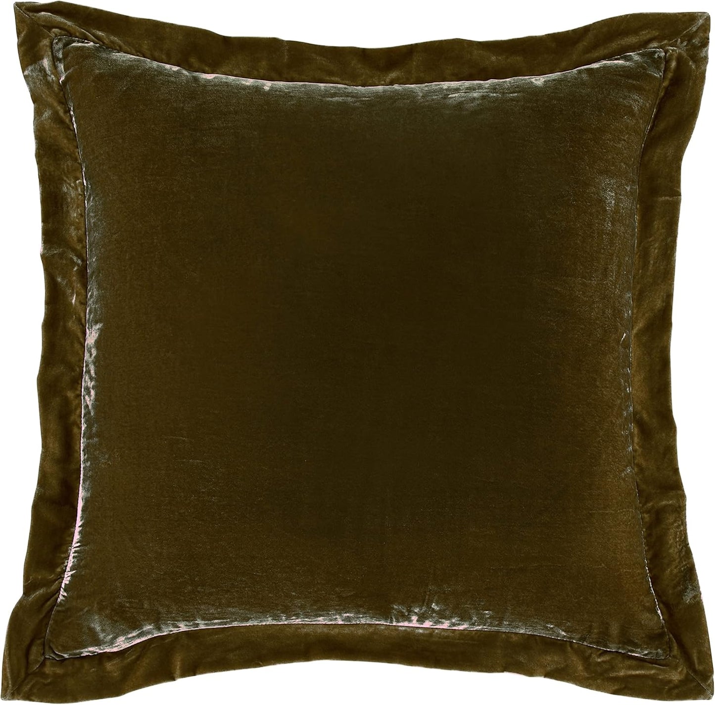HiEnd Accents Stella Faux Silk Velvet Flanged Euro Sham Pillow Cover, 27x27 inch, Green Ochre, Romantic Western Modern Traditional Style Luxury Bedding