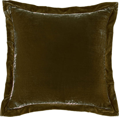HiEnd Accents Stella Faux Silk Velvet Flanged Euro Sham Pillow Cover, 27x27 inch, Green Ochre, Romantic Western Modern Traditional Style Luxury Bedding