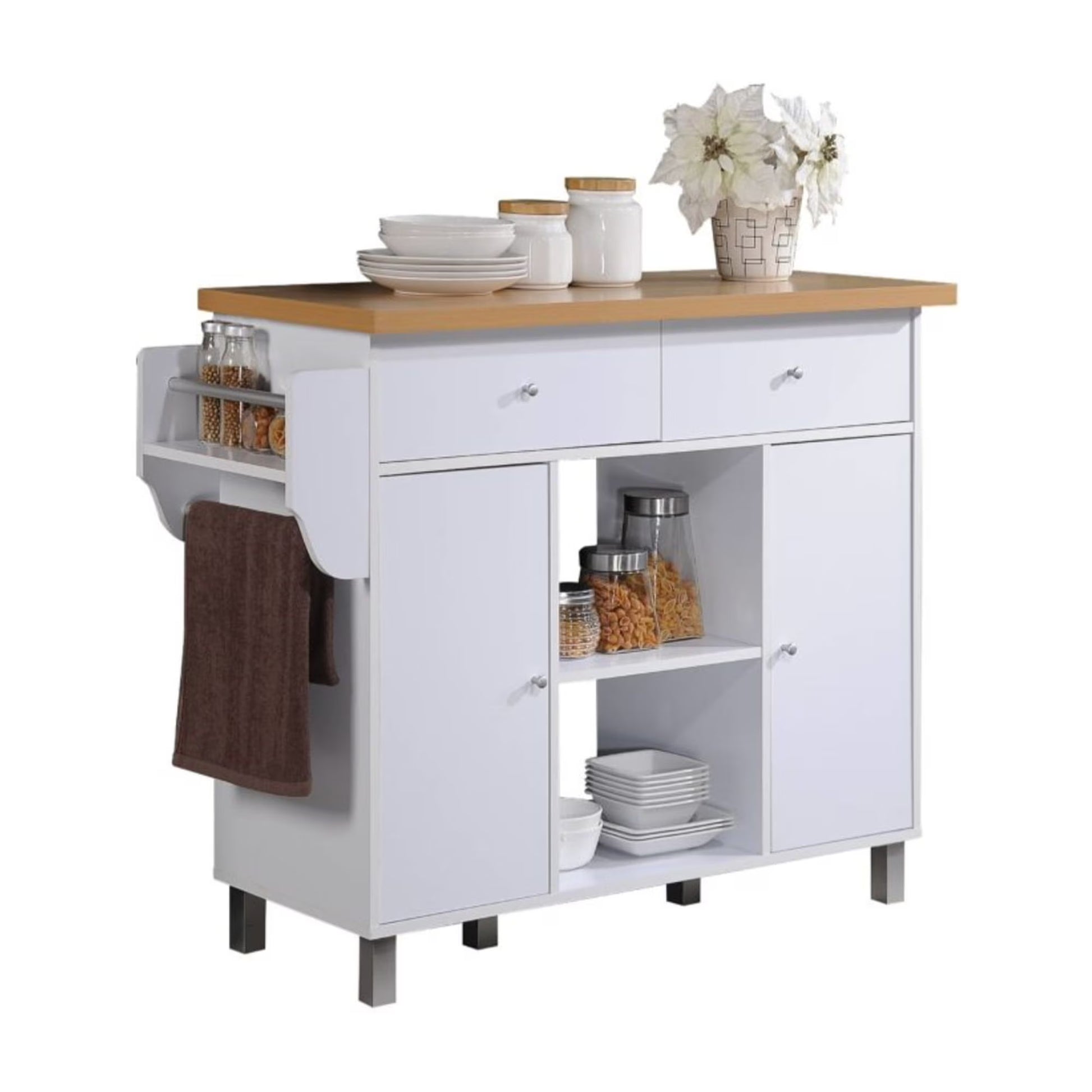 Hodedah Kitchen Island with Spice Rack plus Towel Holder in White Wood