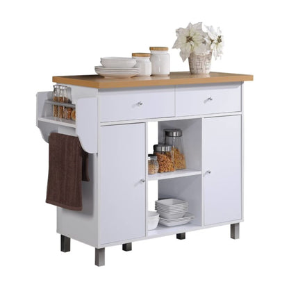 Hodedah Kitchen Island with Spice Rack plus Towel Holder in White Wood