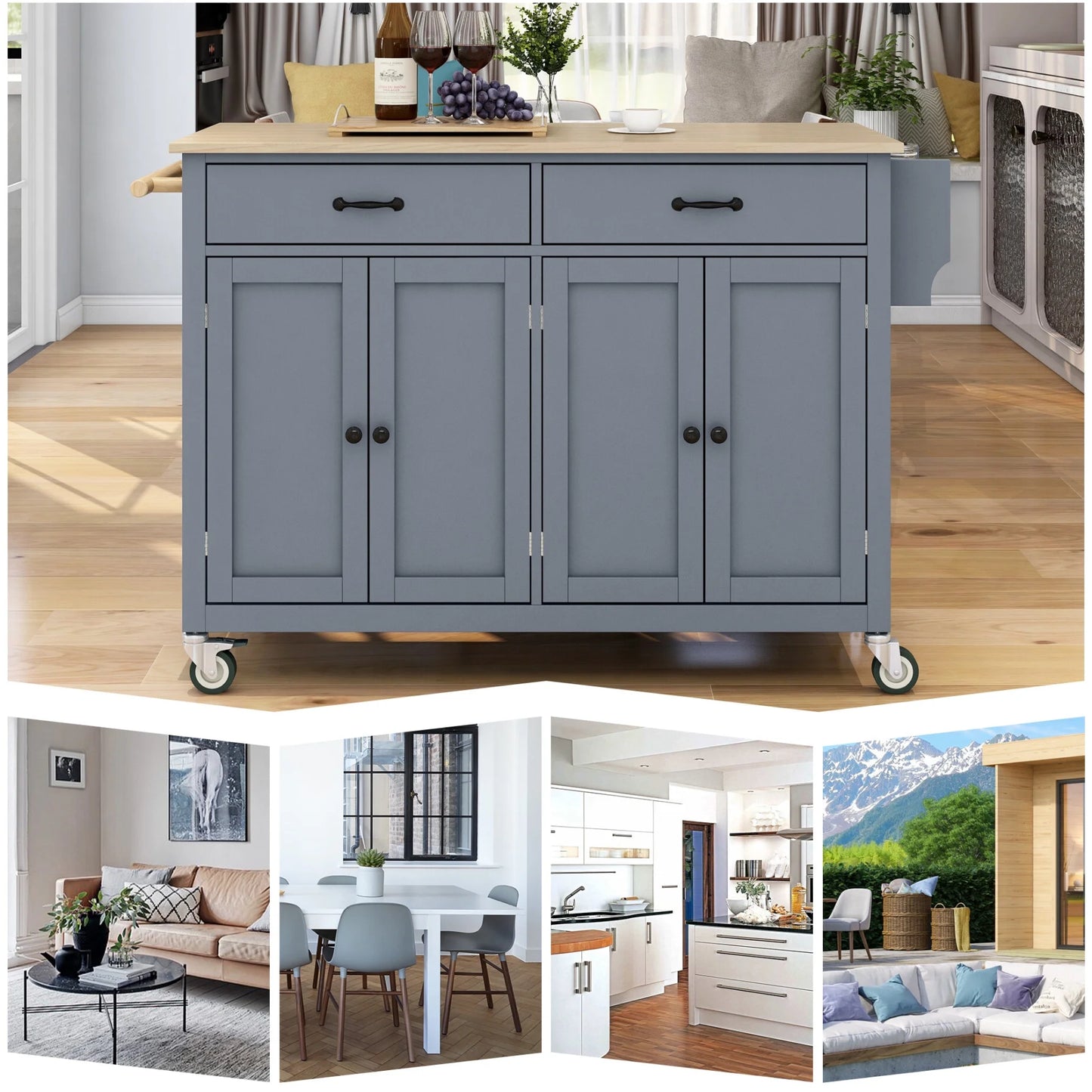 54.3" Kitchen Island Cart, Modern Solid Wood Storage Cabinet with Locking Wheels, 4 Door, Spice Rack, Towel Rack and Two Drawers, Rolling Mobile Kitchen Island Table, Blue