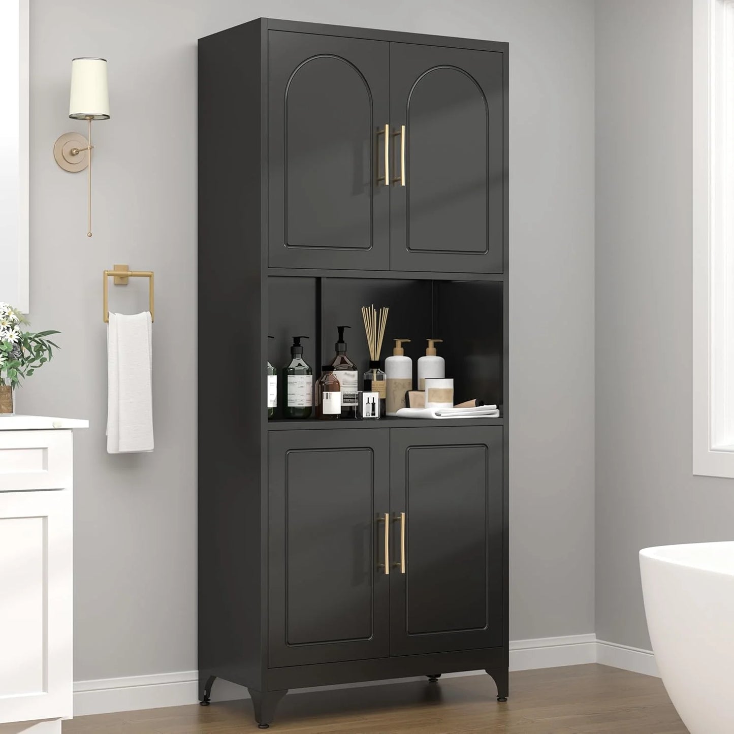 75" Metal Kitchen Pantry Storage Cabinet,Kitchen Hutch Food Pantry Cabinet with Microwave Stand,Freestanding Larder Cupboard with Doors and Adjustable Shelves for Bathroom, Living Room