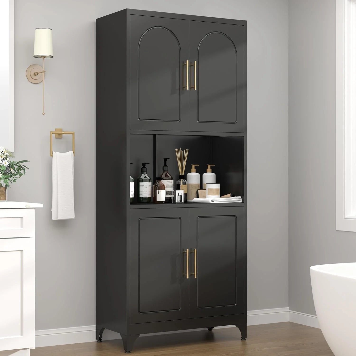 75" Metal Kitchen Pantry Storage Cabinet,Kitchen Hutch Food Pantry Cabinet with Microwave Stand,Freestanding Larder Cupboard with Doors and Adjustable Shelves for Bathroom, Living Room