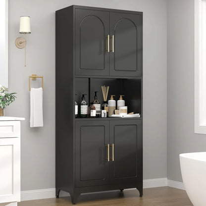 75" Metal Kitchen Pantry Storage Cabinet,Kitchen Hutch Food Pantry Cabinet with Microwave Stand,Freestanding Larder Cupboard with Doors and Adjustable Shelves for Bathroom, Living Room