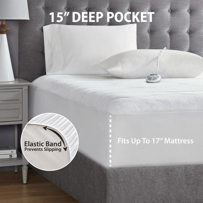 Serta Plush Queen Top Heated Plush Electric Mattress Pad, Auto Shut Off Ultra-Soft Waterproof Heating Mattress Protector with Dual Controller and 10 Heat Settings White