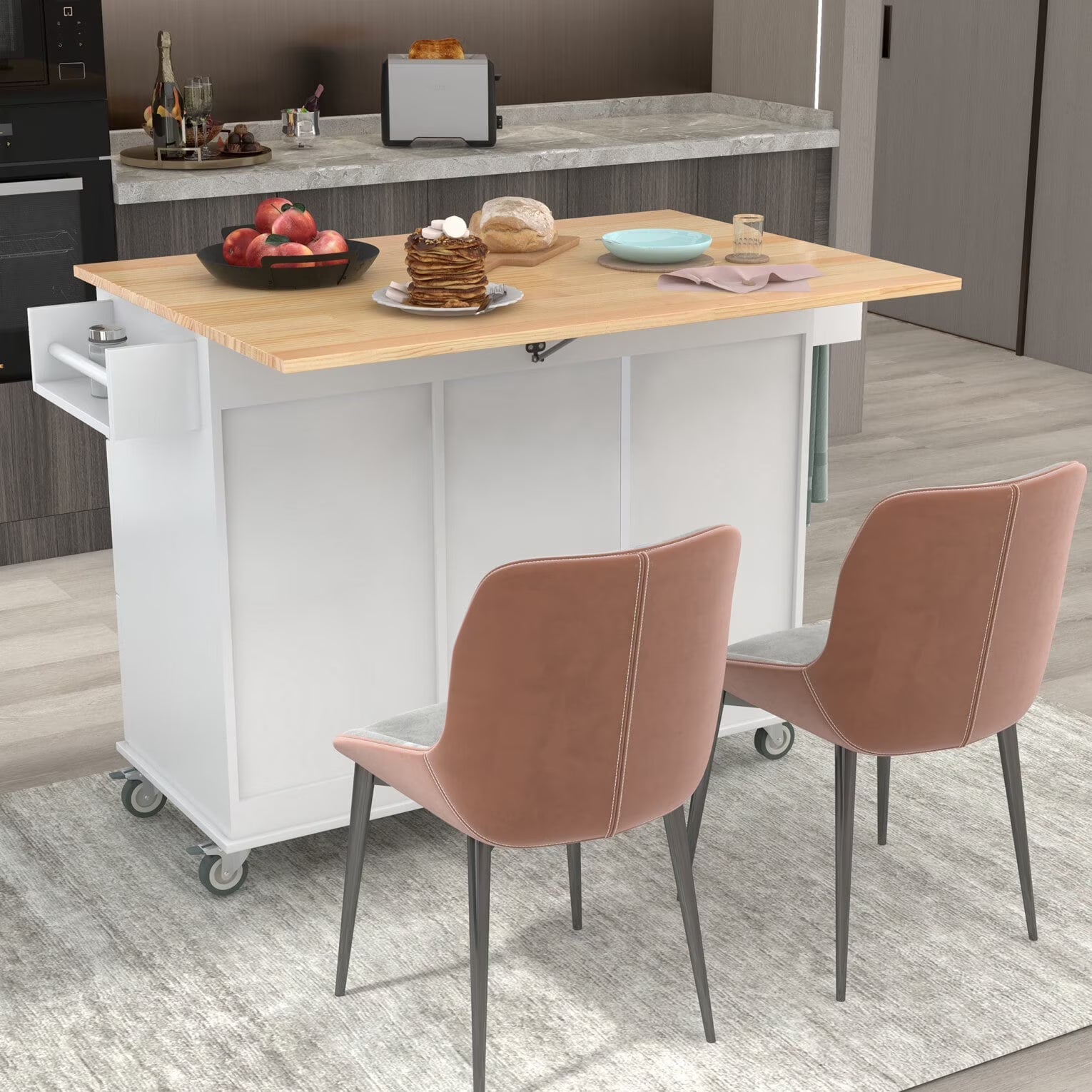 Kitchen Cart with Solid Wood Top and Drop Leaf Breakfast Bar, Rolling Mobile Kitchen Island with Storage, Spice Rack and Towel Rack, 52.7 Inch Width, Grey Blue
