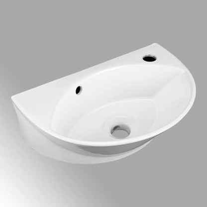 Small Wall Mounted Bathroom Sink 17" White Ceramic Oval Basin Porcelain Coated Floating Vessel Sink w/Overflow and Single Faucet Hole Renovators Supply