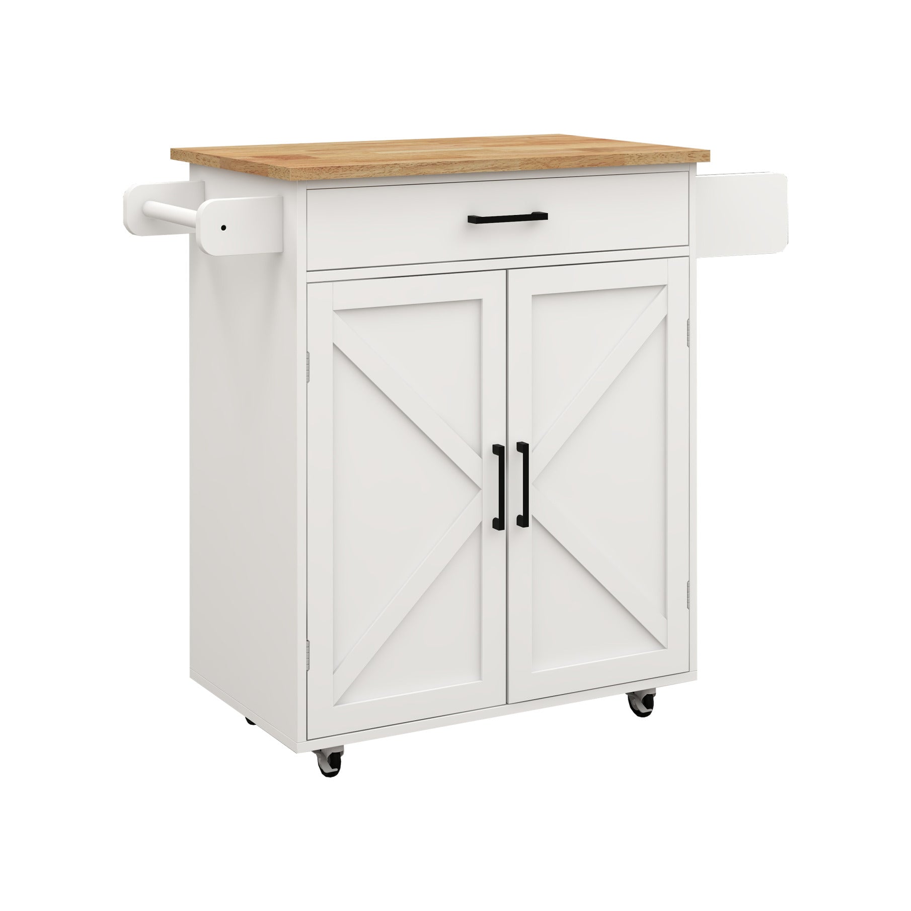 Rolling Kitchen Island with Solid Wood Top & Pull-out Drawer, Kitchen Trolley Cart with Spice Rack & Towel Rack & Storage Pantry Cabinet with Adjustable Shelf, Kitchen Island Cart on Wheels, White
