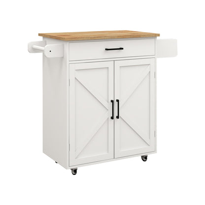 Rolling Kitchen Island with Solid Wood Top & Pull-out Drawer, Kitchen Trolley Cart with Spice Rack & Towel Rack & Storage Pantry Cabinet with Adjustable Shelf, Kitchen Island Cart on Wheels, White