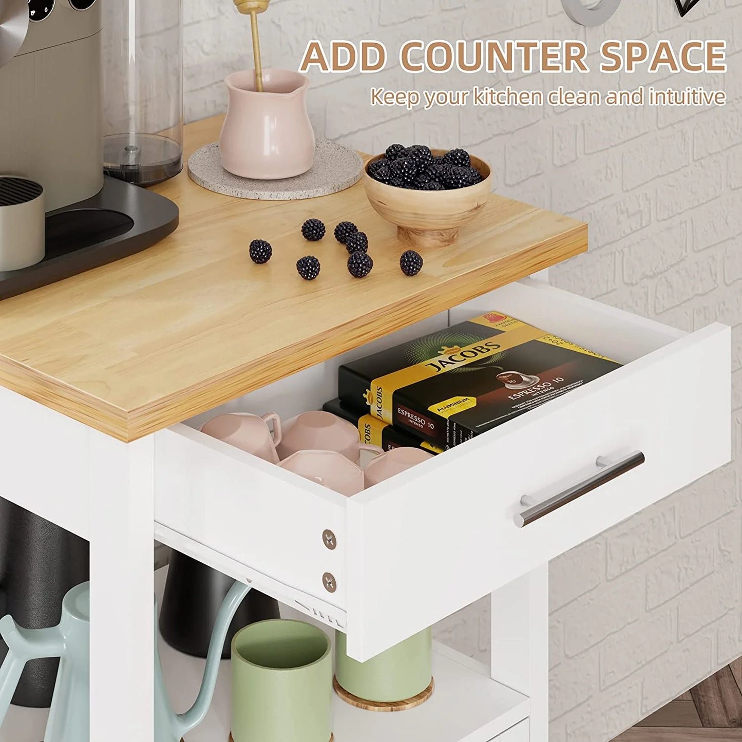 Sobaniilo Kitchen Island Cart with Storage, Rolling Side Table with Large Worktop, Towel Rack, Black