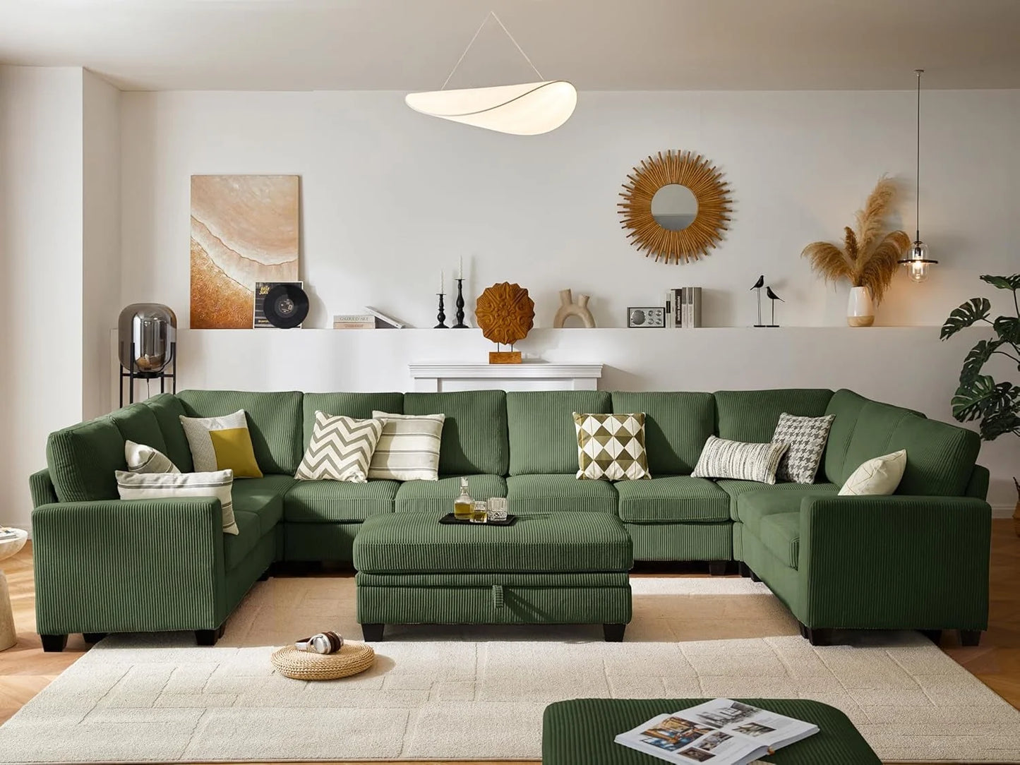 CHIC HOUSE 154.5" Sectional Sofa with Storage Ottoman Chaise, Corduroy U Shaped Sofa Convertible Sectional Couches for Living Room, 12 Seater Corner Modular Sofa with Deep Seat Throw Pillows, Green