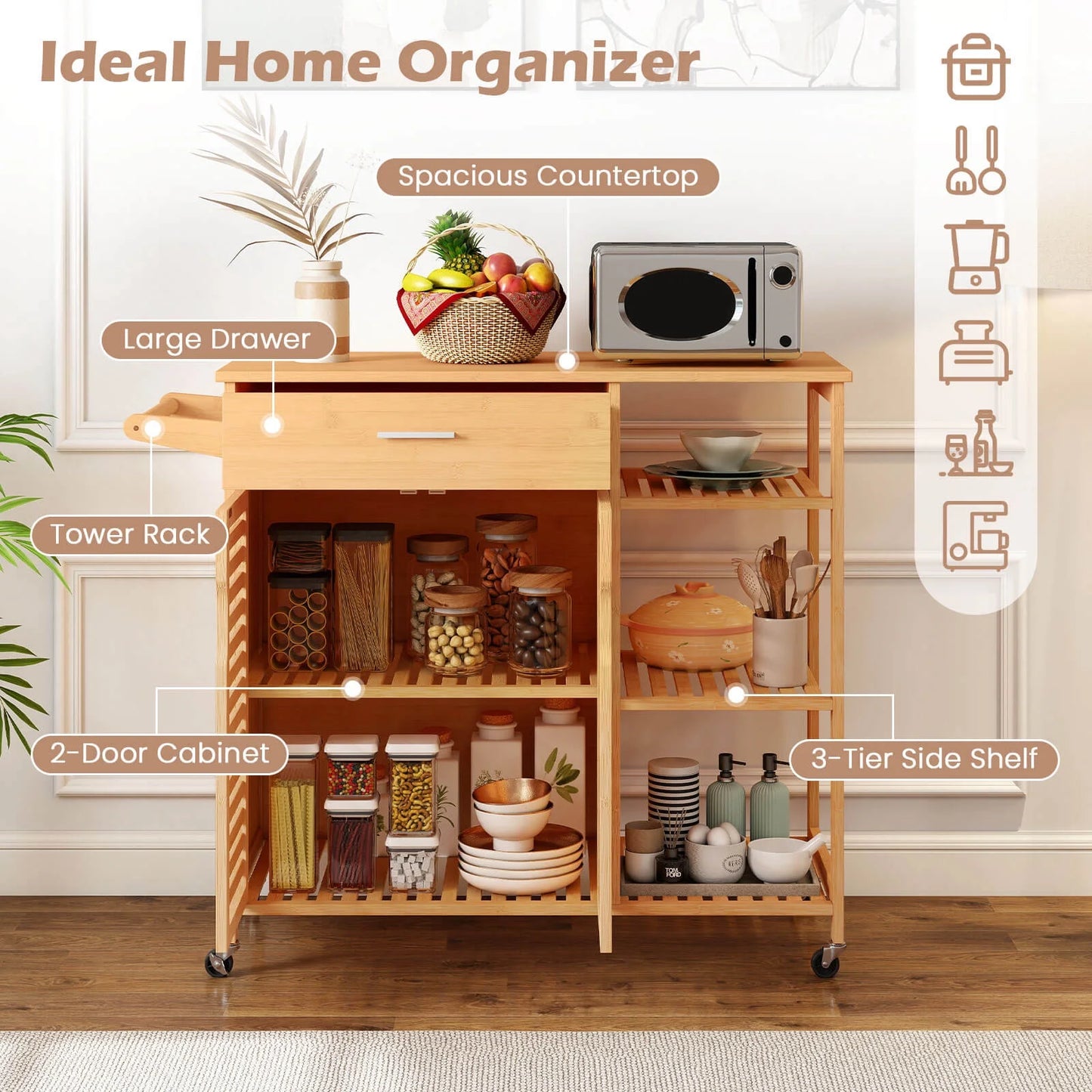 Costway 35.5" Kitchen Island Cartwith Lockable Wheels Drawer Open Shelves Towel Bar