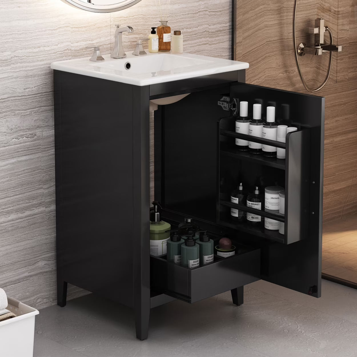 20.3 Inch Bathroom Vanity with Ceramic Sink, Solid Wood Small Single Vanity with Drawer and Soft Close Doors, White Modern Bathroom Cabinet with Storage