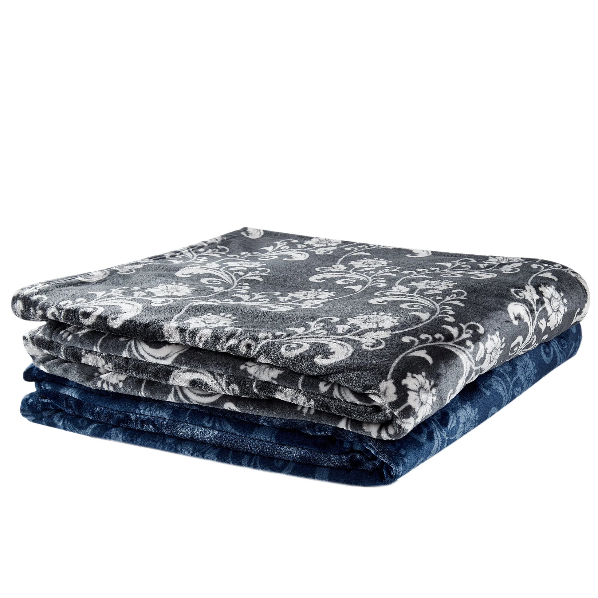 SoftLux Printed Luxury Velvet Plush Fleece Blanket, Full/Queen, 90" x90", Grey Floral Scroll