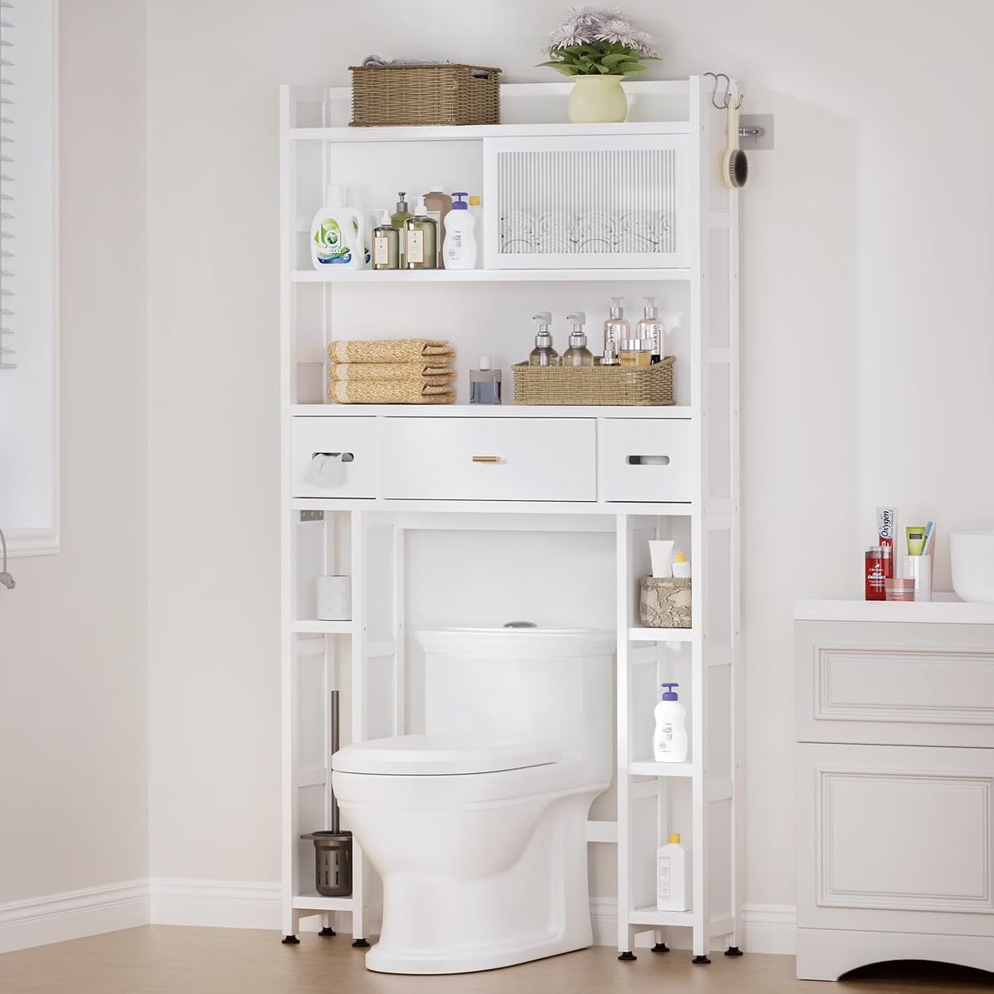 Over The Toilet Storage Cabinet with Acrylic Sliding Door Panel, Bamboo Organizer Shelf with 2 Paper Drawers and 1 Big Drawer,Space Saver Rack for Bathroom (White)