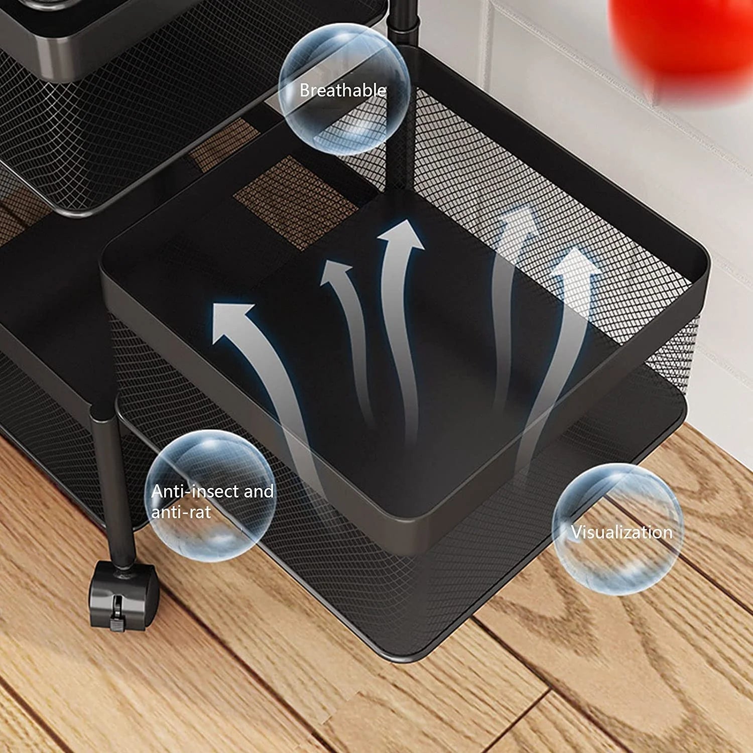 MONIPA 4 Tier Rotatable Baskets Storage Rack,Black Baskets Shelf 360° Ratate,Large Capacity Storage Trolley with 4 Wheels for kitchen,Bathroom,Living room (Square)