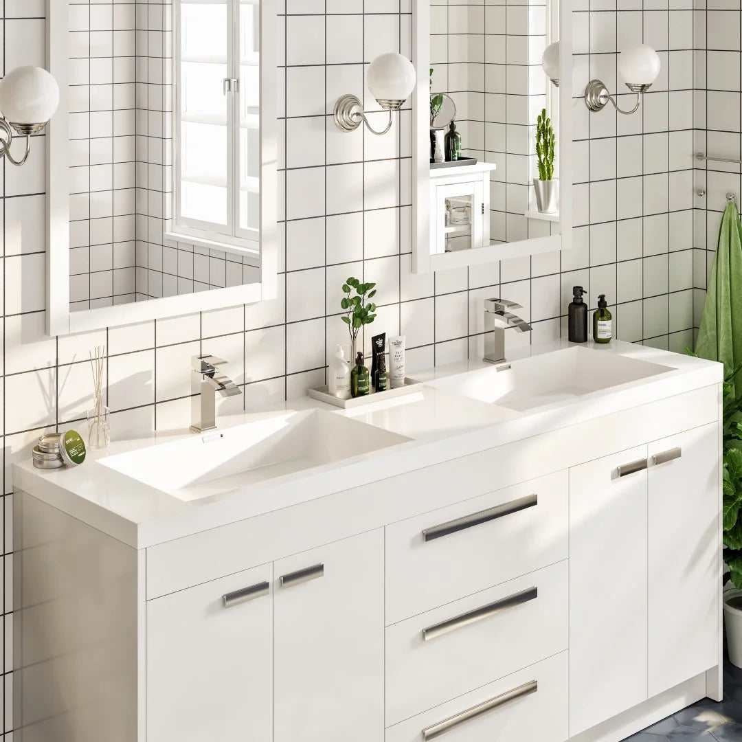 Eviva Lugano 72"W x 20"D White Double Sink Bathroom Vanity with White Acrylic Countertop and Integrated Sinks