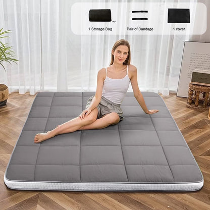 CshidWorld Japanese Floor Mattress, Futon Mattress w/Storage Bag & Washable Cover, Roll up Floor Mattress 4° F Thick Tatami Mattress Quilted Bed Mattress Topper for Dorm, Guest Room, Gray, Queen