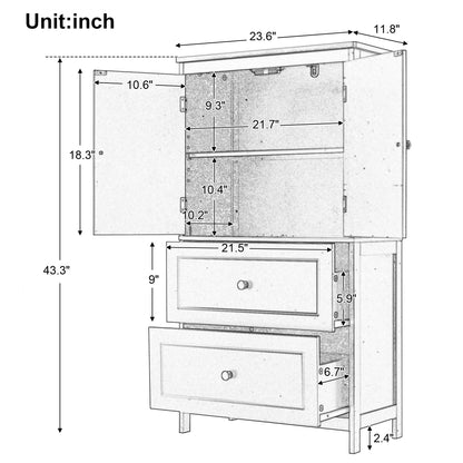 EUROCO Bathroom Floor Storage Cabinet,Bathroom Storage Unit,Freestanding Cabinet with 2 Drawers and 2 Doors,Adjustable Shelf,11.8 x 23.6 x 43.3 Inches,White