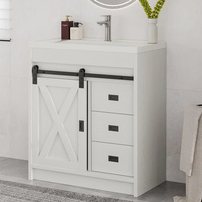 DreamCurship 32" Bathroom Vanity with Sink Combo, White Bathroom Storage Cabinet with Drawers, Farmhouse Bathroom Vanity Cabinet with Sliding Barn Doors, White