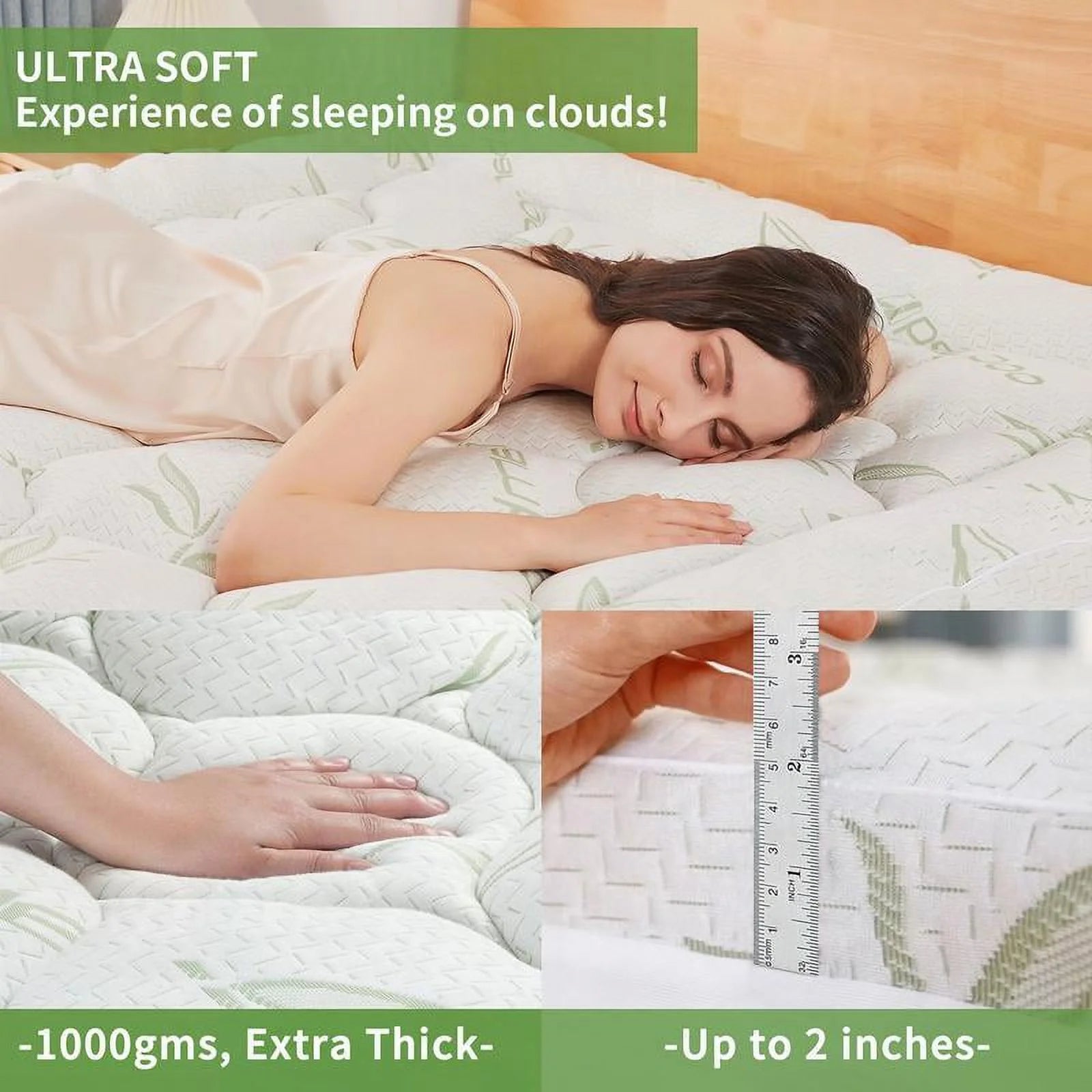 ZuoZuoMing Bamboo Mattress Topper 1000GSM with 1 Pillow Protector& Eye Mask, Side Pocket, Waterproof Mattress Protector, Cooling Extra Thick Breathable Mattress Pad Cover,8-21° Deep