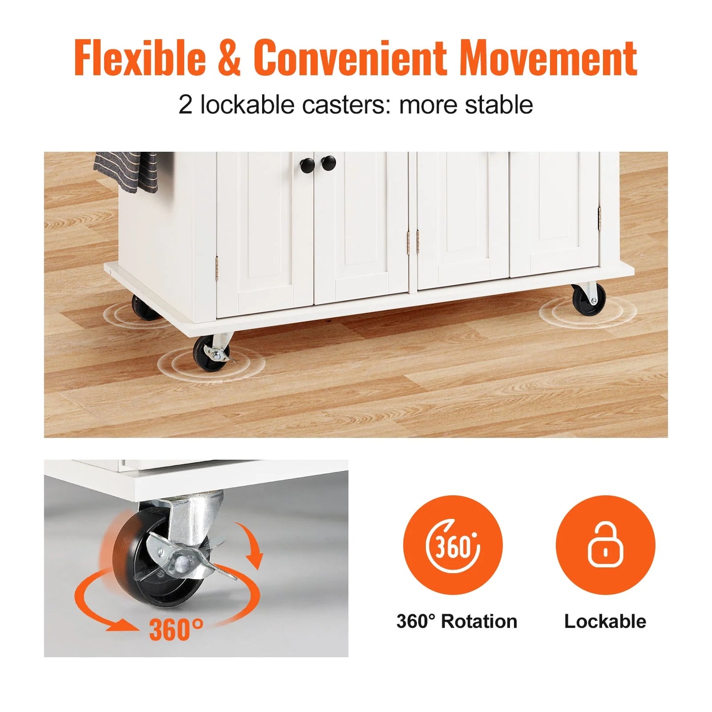 BENTISM 35.4" Kitchen Island on Wheels Cart Rubber Solid Wood Countertop Rolling Storage Cabinet with 2 Drawers & Spice Rack & Towel Holder, White