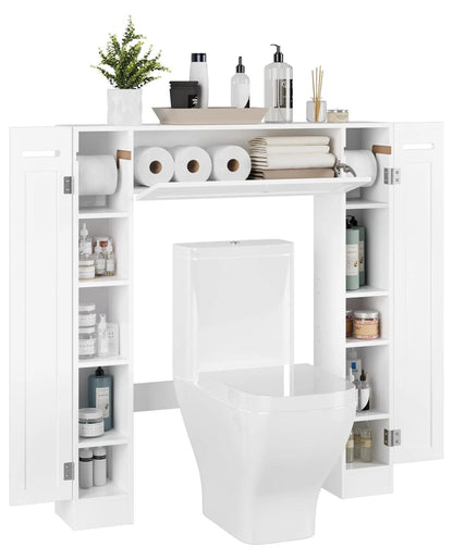 Over The Toilet Storage Cabinet, Bathroom Space Saver with Paper Holder and Adjustable Shelves, Freestanding Toilet Cabinet Organizer with 2 Side Doors and Pull-Down Door, White