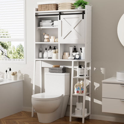 Walsunny Over the Toilet Storage Cabinet with Side Shelves Sliding Door Wooden Shelf Organizer for Restroom Bathroom Laundry,Walnut