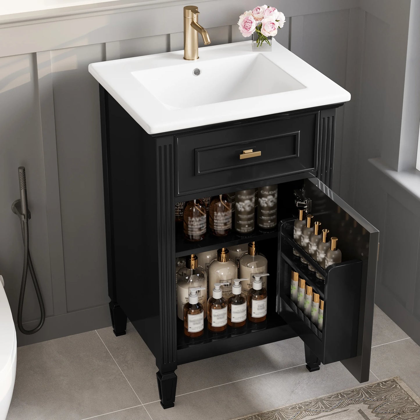 Euroco 20" Bathroom Vanity with Integrated Ceramic Sink, Soft-Close Hinges and Drawer Storage, Solid Wood Legs