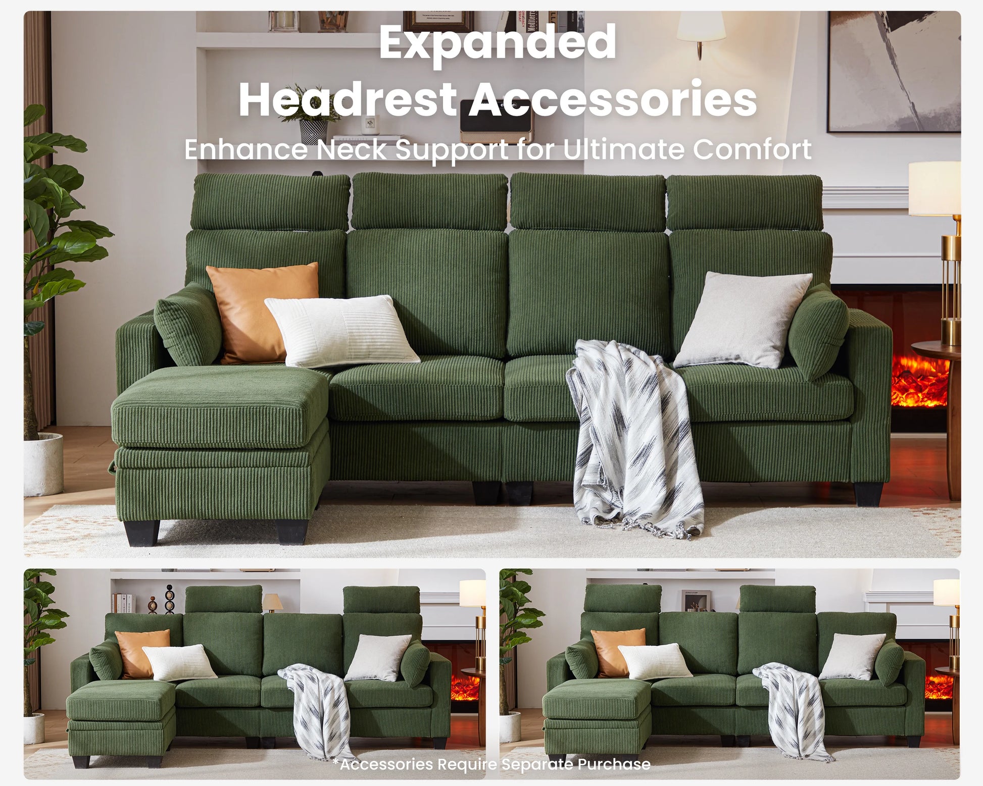 CHIC HOUSE 154.5" Sectional Sofa with Storage Ottoman Chaise, Corduroy U Shaped Sofa Convertible Sectional Couches for Living Room, 12 Seater Corner Modular Sofa with Deep Seat Throw Pillows, Green