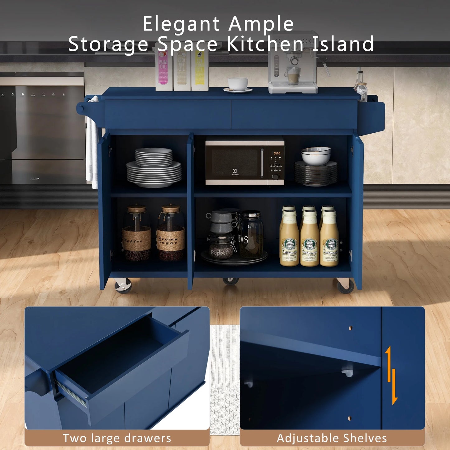 53.2'' Kitchen Island with Drop Leaf, Kitchen Storage Cart with Spice Rack, Towel Rack and 2 Drawers, Rolling Kitchen Island on Wheels with Adjustable Shelves, Navy Blue