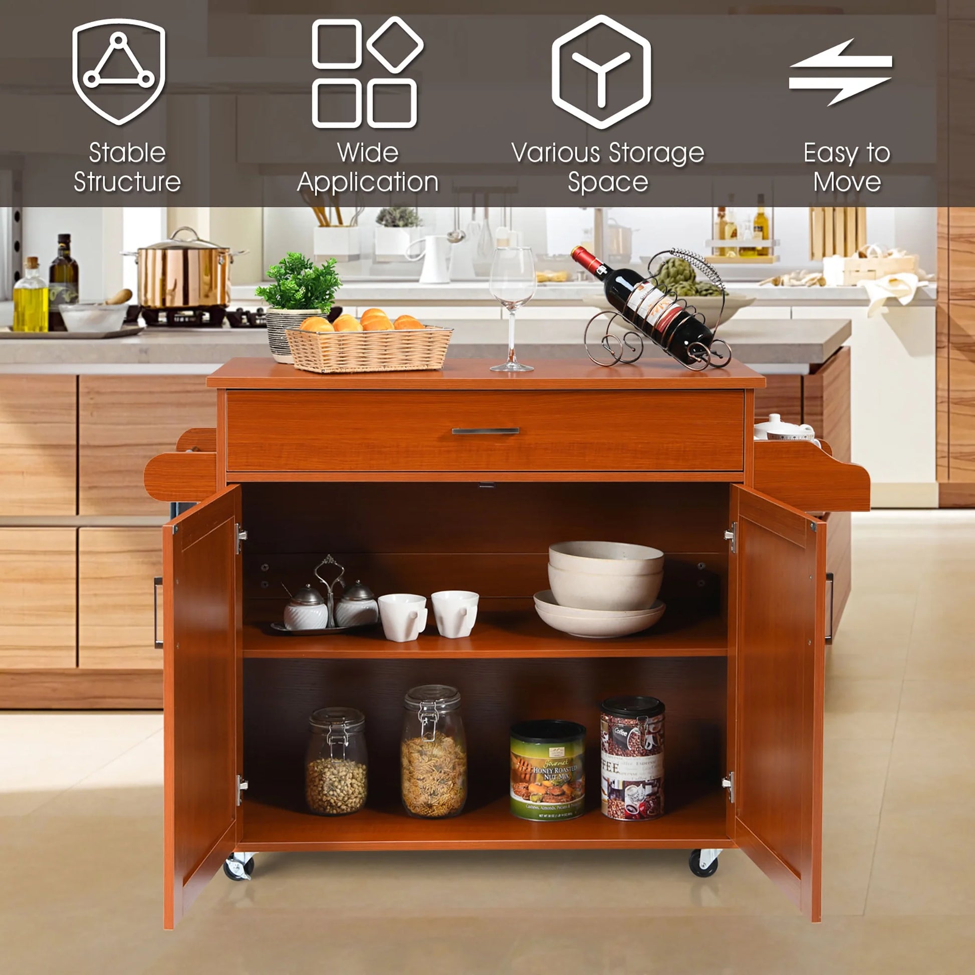 Costway Rolling Kitchen Island Cart Storage Cabinet w/Towel & Spice Rack Cherry