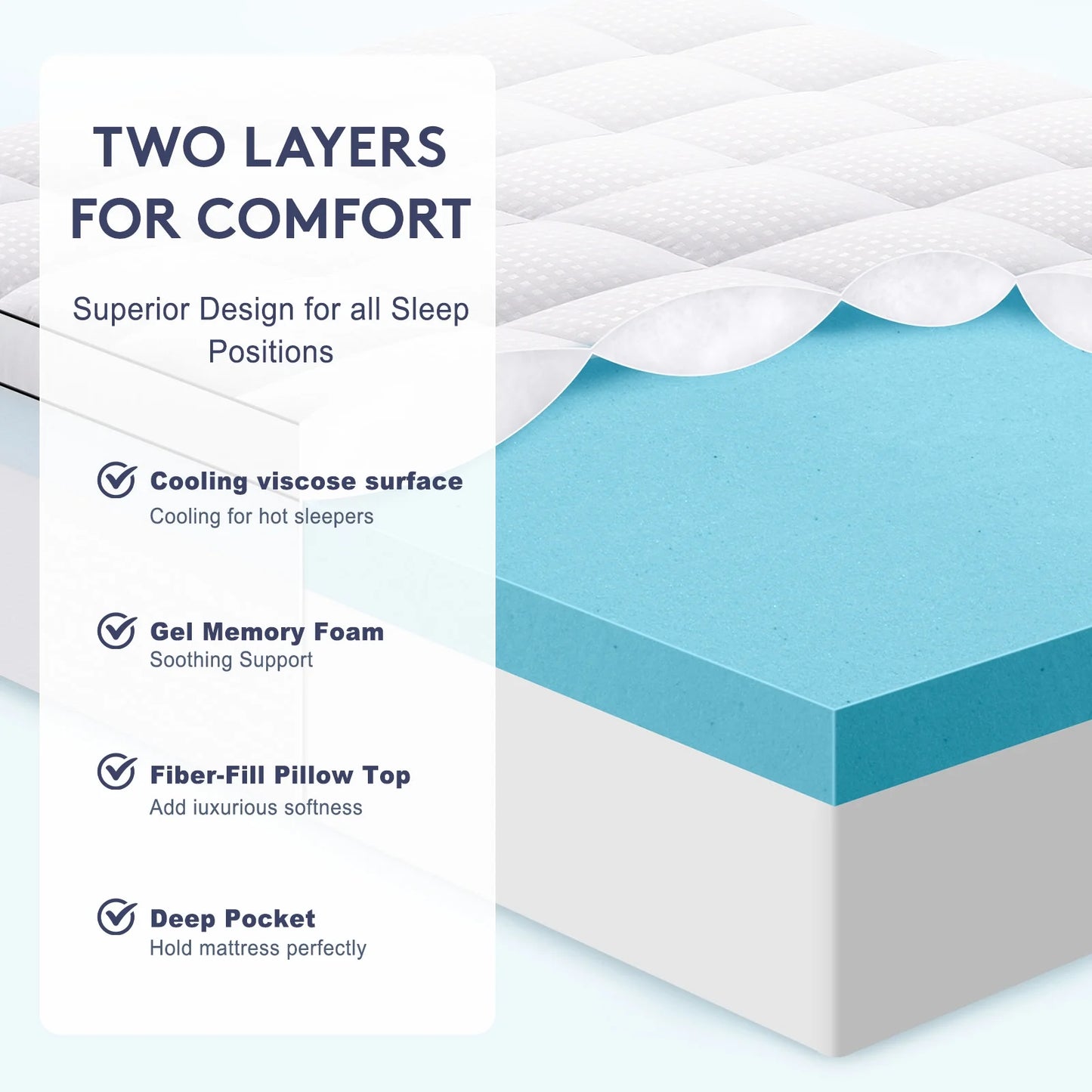 Queen Size Dual Layer 4 Inch Memory Foam Mattress Topper, 2 Inch Gel Memory Foam and 2 Inch Cooling Pillow Top Mattress Pad Cover for Back Pain, Medium Support