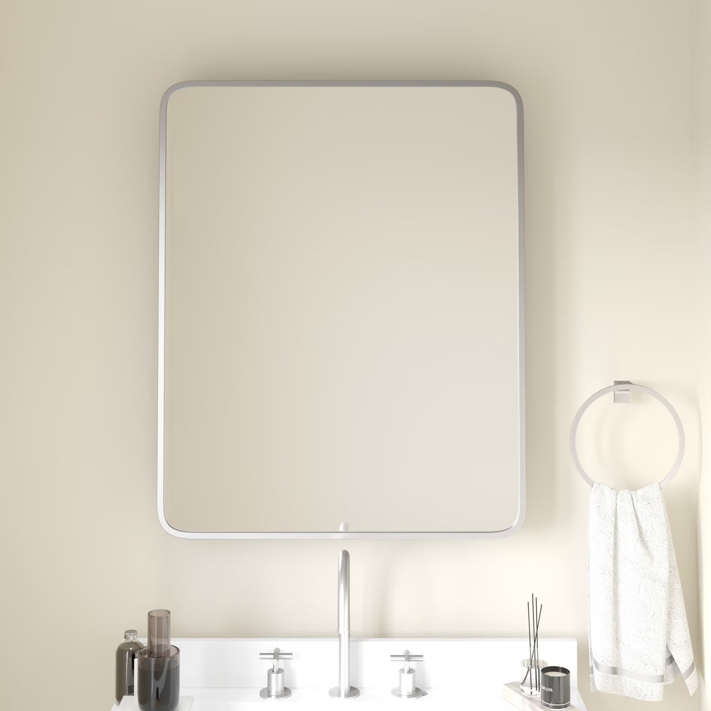 Emma + Oliver Black Metal Framed Bathroom Medicine Cabinet with Reversible, Recessed Design and Beveled Rounded Mirror - 24" x 30"