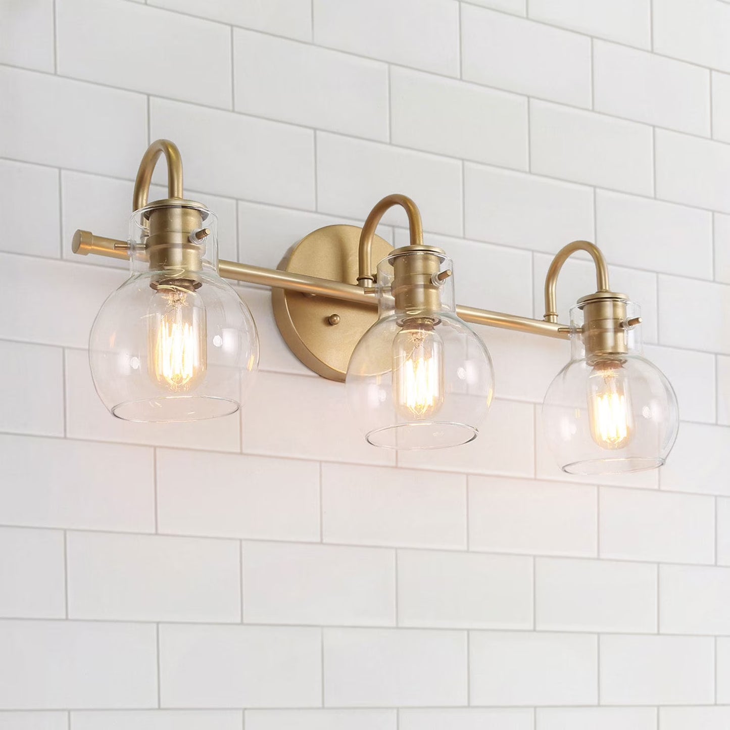 LNC 3-Light Gold Round Clear Glass Shade Modern Bathroom Vanity Lighting Fixutre