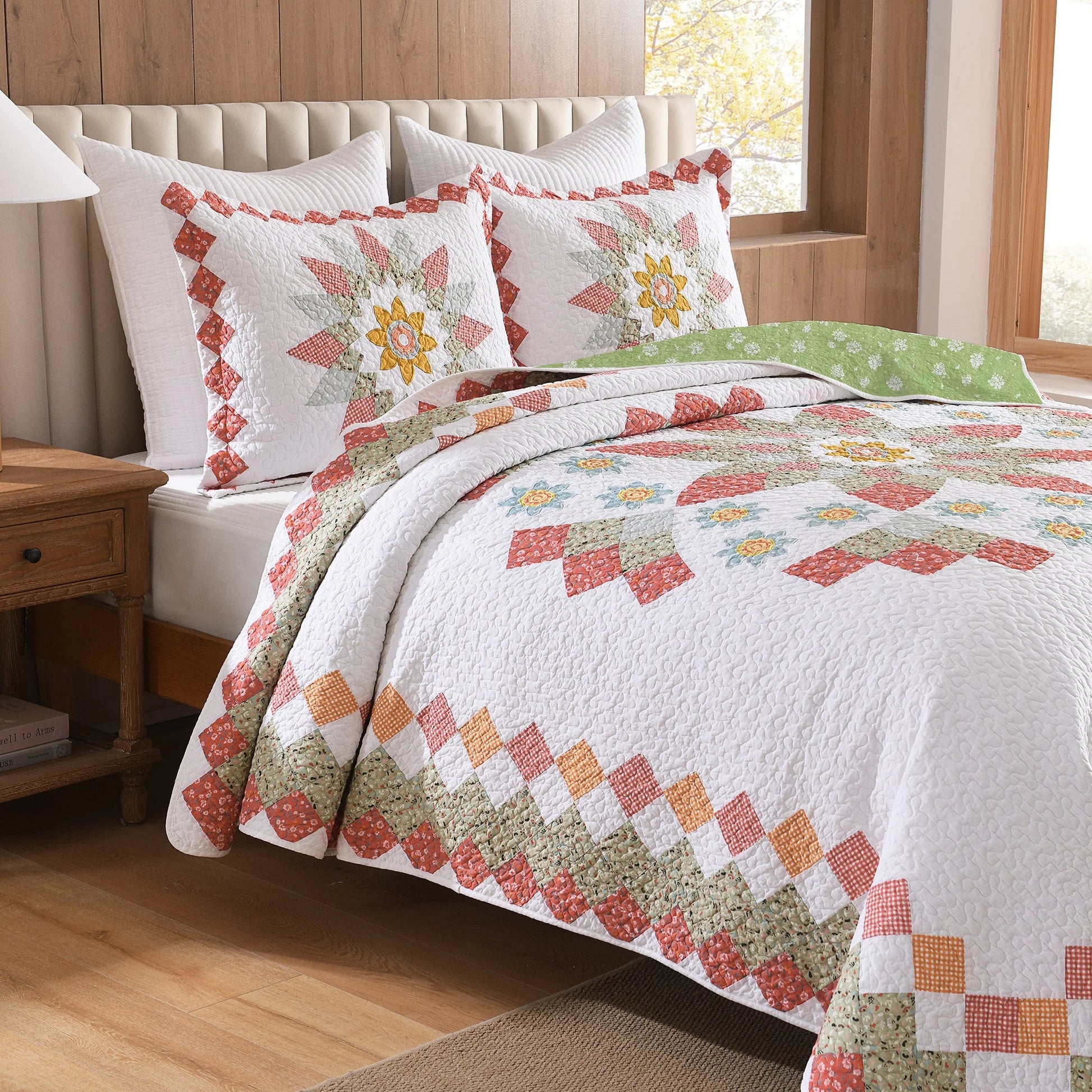 3 Pcs 100% Cotton Sunflower Pattern Patchwork Quilt Bedspread Set|Farmhouse Bedding Set for All Seasons