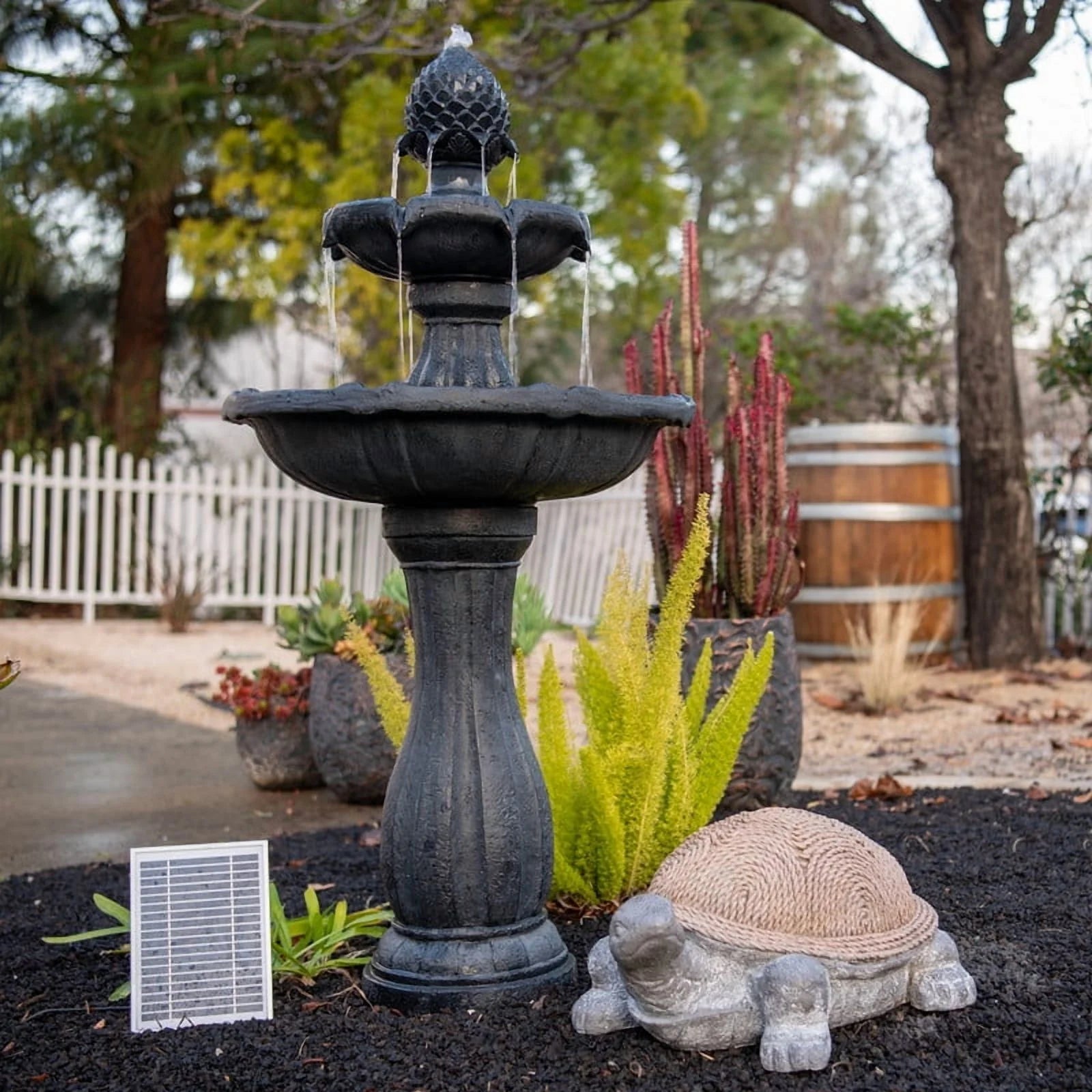 XBrand 44" H Black Fiberglass/Resin 2-Tier Solar Water Fountain w/Solar Panel and Auto-Shut Off Pump, Solar Garden Fountain, Tall Outdoor Fountain, Two Tiered Birdbath Fountain