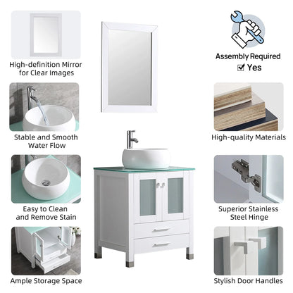Wonline 24" Bathroom Vanity Cabinet Ceramic Sink Faucet Drain Combo w/Mirror Set White