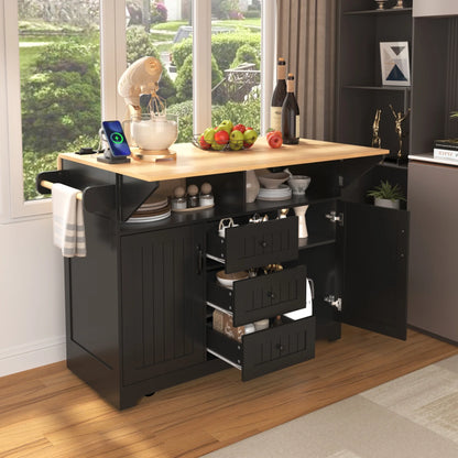 55.7'' Large Kitchen Island with 2 Drop Leaf,, Rolling Kitchen Cart on Wheels with Power Outlet, Spice & Towel Rack and 3 Drawers, Folding Storage Dining Table for Kitchen, Dining Room, Green
