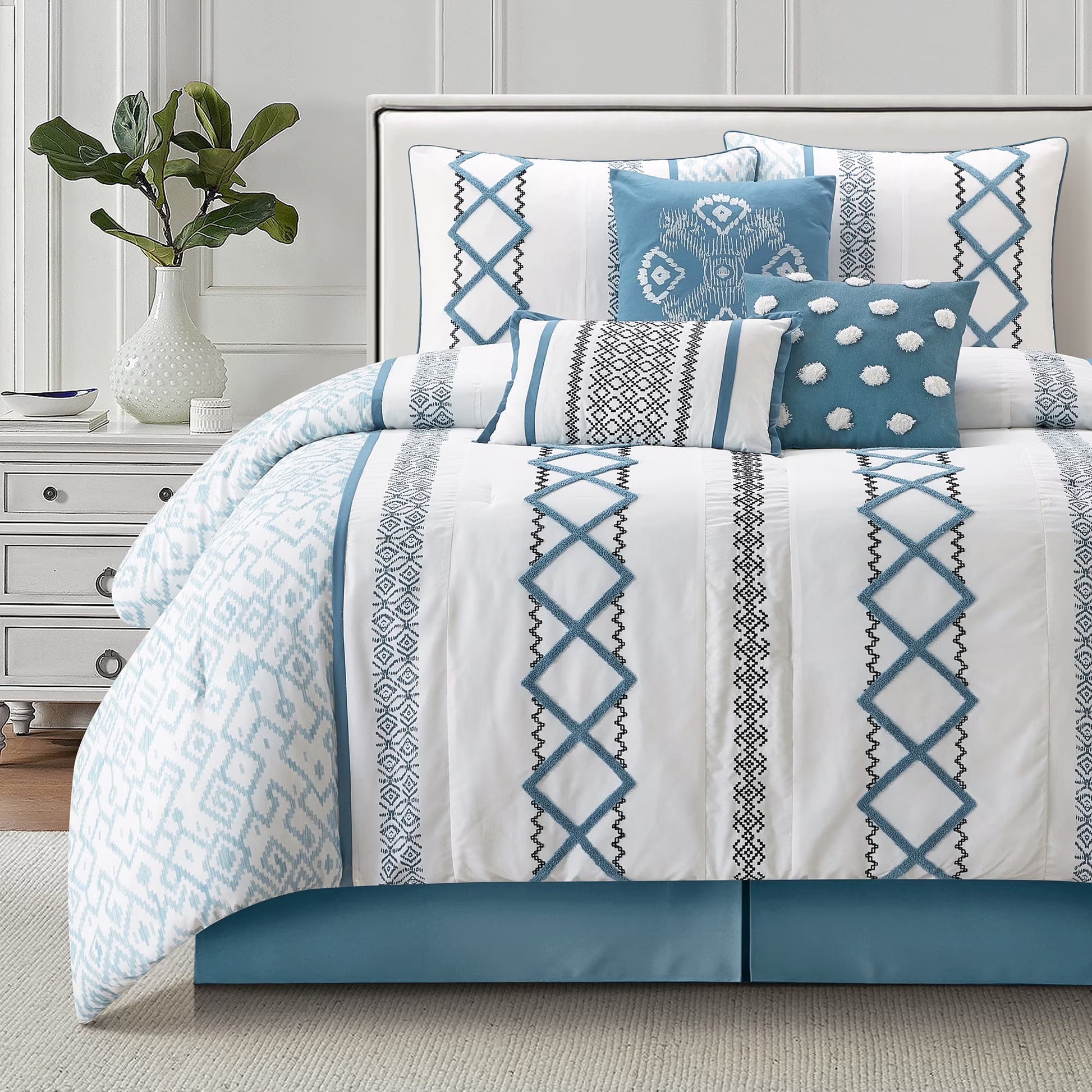 Lanco Luxury 7 Piece Cozy Boho Comforter Set Queen Beige Embroidered Girls Bedding, Premium Microfiber, All Season Home Décor