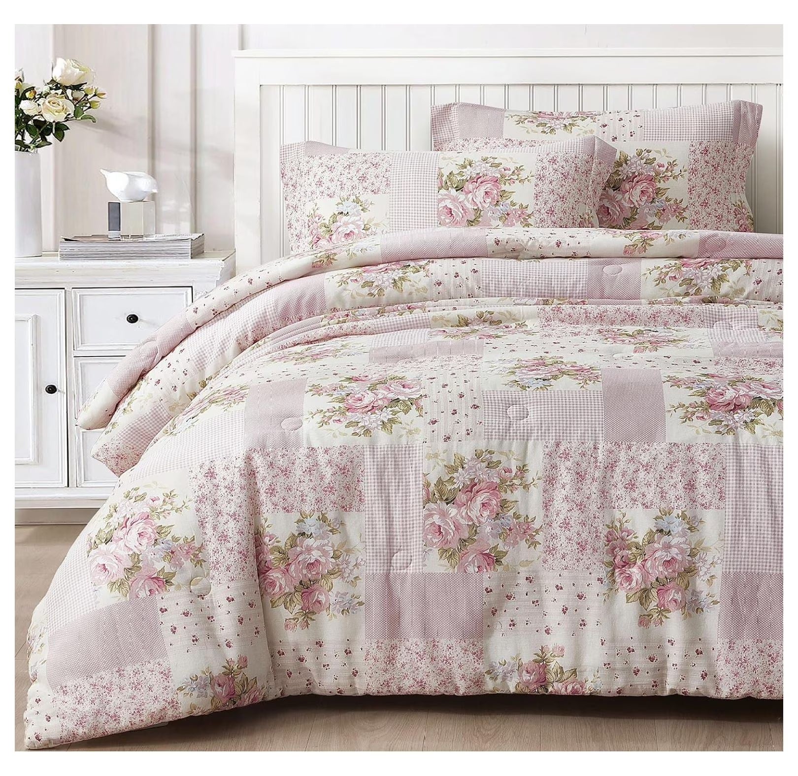 YOSITiuu Rosy 3-Piece Queen Size Washed Cotton Comforter Set - Floral Bedding Set Ivory Green Flower Polka Dot Printed Patchwork Reversible Lightweight Comforter for All Season