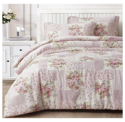 YOSITiuu Rosy 3-Piece Queen Size Washed Cotton Comforter Set - Floral Bedding Set Ivory Green Flower Polka Dot Printed Patchwork Reversible Lightweight Comforter for All Season