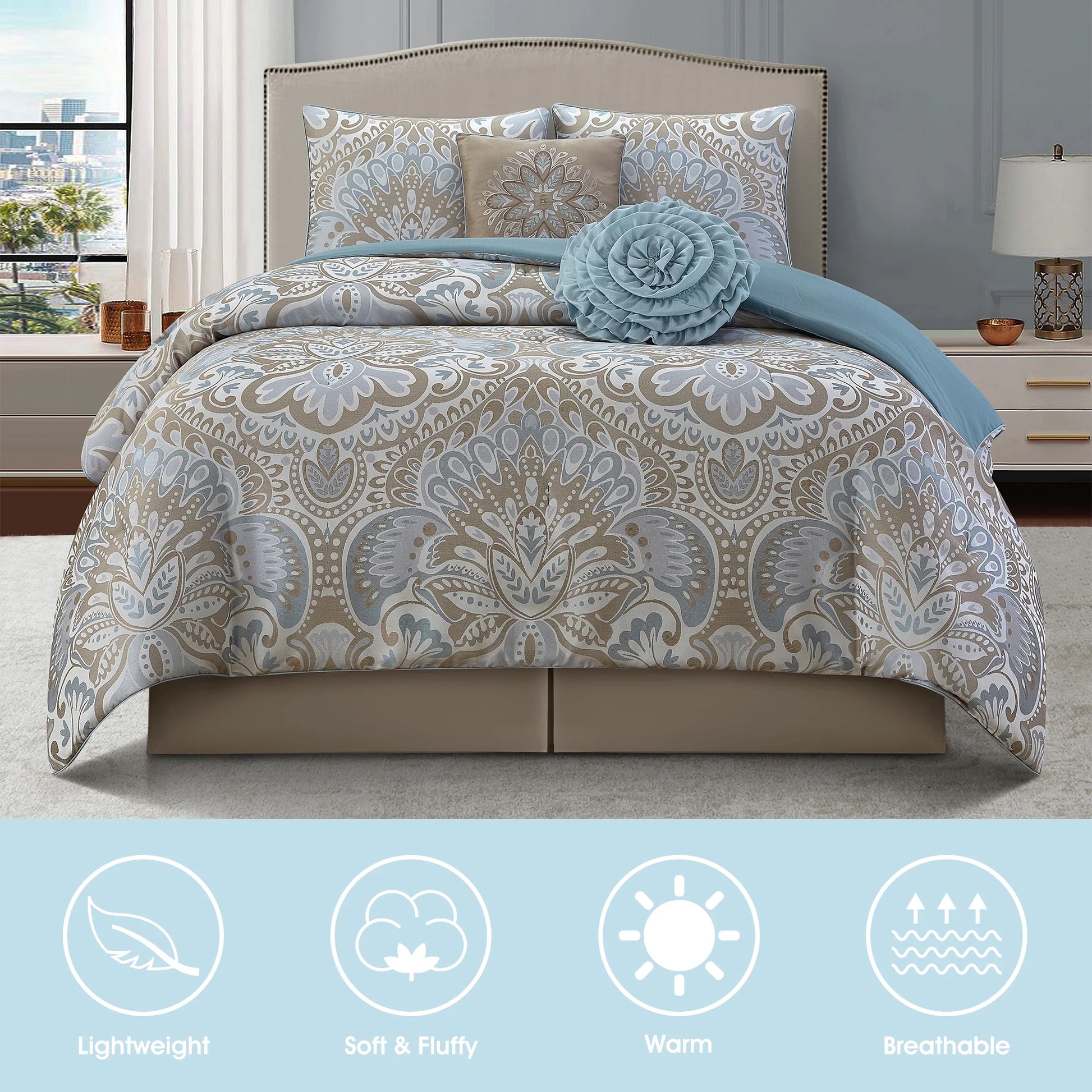 Lanco Luscious Diane 6-Piece Reversible Comforter Bedding Set, California King, Blue Gold, Fill Material Polyester, Floral