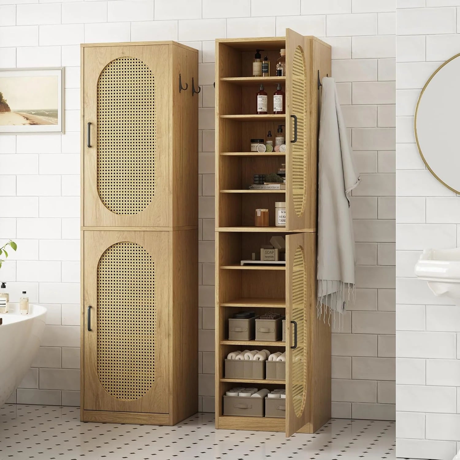 66-Inch Bathroom Storage Cabinet with Rattan Doors, Bath Room Organizer Floor Cabinets Brown