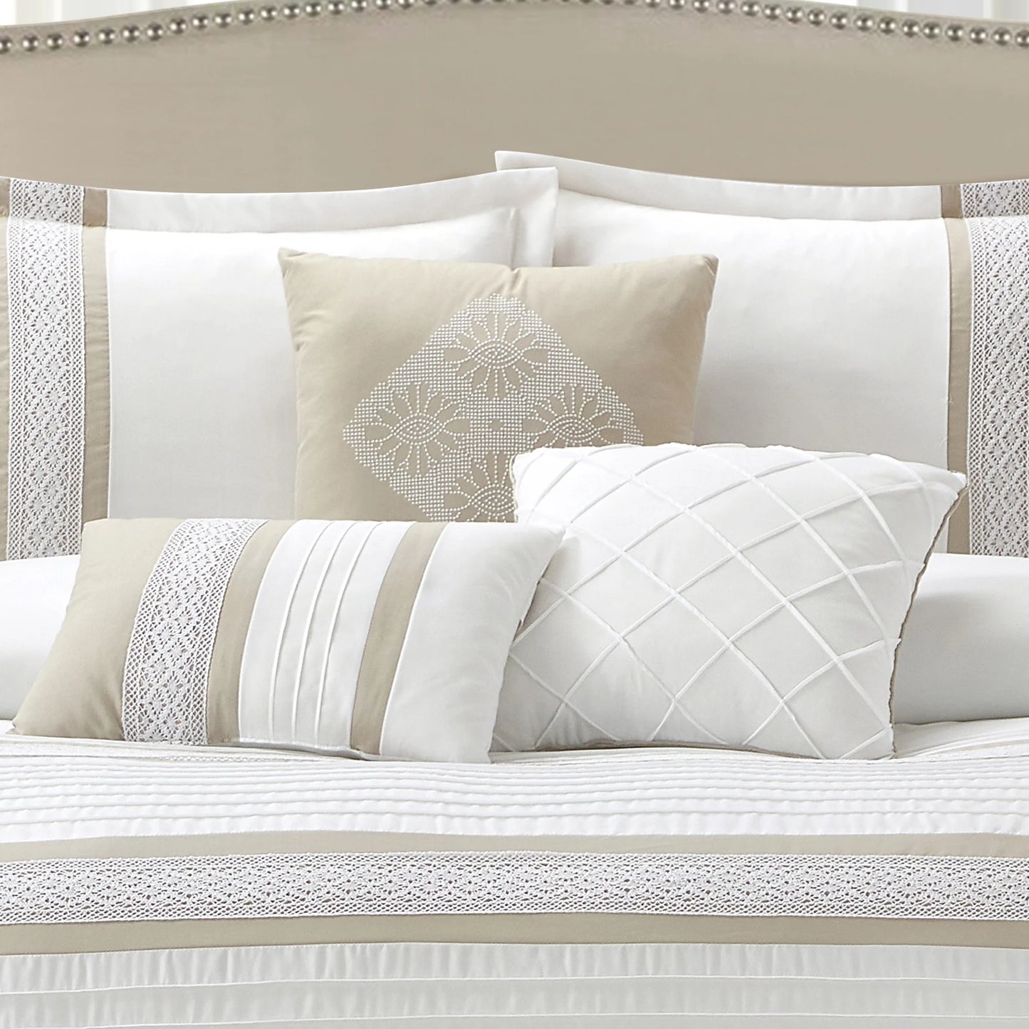 Lanco Striped 7 Piece Taupe Comforter Set, King Size Microfiber Bedding, All Season Bedding Set, Bed Skirt, Pillows & Shams